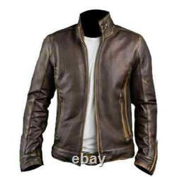 Veste de motard vintage en cuir véritable marron vieilli style Café Racer pour homme