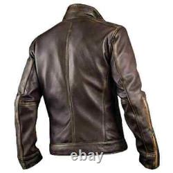 Veste de motard vintage en cuir véritable marron vieilli style Café Racer pour homme