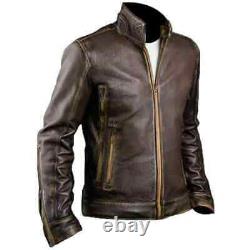 Veste de motard vintage en cuir véritable marron vieilli style Café Racer pour homme