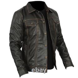 Veste de motard vintage pour homme en cuir véritable marron vieilli