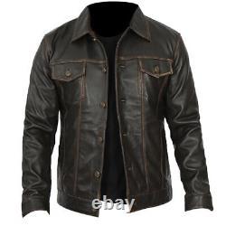 Veste de motard vintage pour homme en cuir véritable marron vieilli