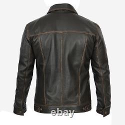 Veste de motard vintage pour homme en cuir véritable marron vieilli