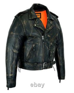 Veste de moto en cuir de motard brun vieilli pour hommes avec poches dissimulées pour port d'arme