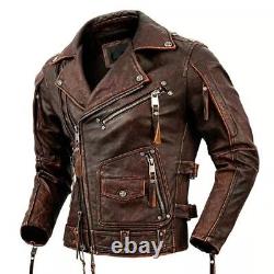 Veste de moto en cuir de vachette marron vieilli et abîmé