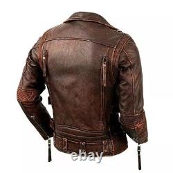 Veste de moto en cuir de vachette marron vieilli et abîmé