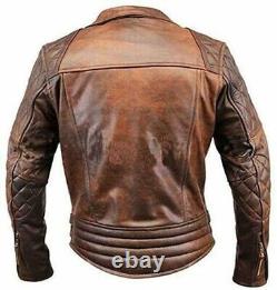 Veste de moto en cuir véritable de vachette ciré marron pour motard, style vieilli