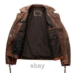 Veste de moto rétro vintage en cuir ciré brun vieilli pour homme