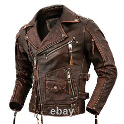 Veste de moto vintage brune en cuir ciré vieilli pour homme style café racer rétro