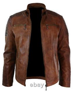 Veste de moto vintage en cuir véritable pour homme, café racer brune usée