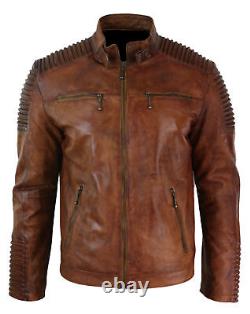 Veste de moto vintage en cuir véritable pour homme, café racer brune usée