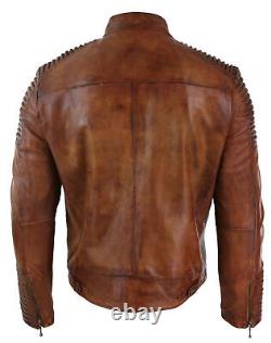 Veste de moto vintage en cuir véritable pour homme, café racer brune usée