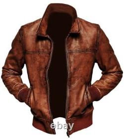 Veste de moto vintage pour homme en cuir véritable marron vieilli