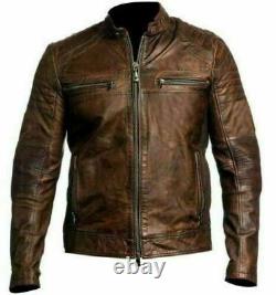 Veste en cuir brun ciré vintage de motard Café Racer pour homme avec effet vieilli