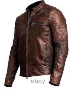 Veste en cuir brun ciré vintage de motard Café Racer pour homme avec effet vieilli