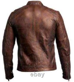 Veste en cuir brun ciré vintage de motard Café Racer pour homme avec effet vieilli