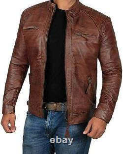Veste en cuir brun pour homme de style Café Racer Biker pour moto en cuir véritable vieilli