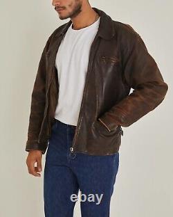 Veste en cuir brun vintage pour homme, en cuir véritable, style usé, fermeture éclair, années 70