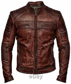 Veste en cuir café racer vintage pour homme en cuir brun vieilli.