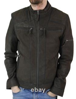 Veste en cuir courte zippée marron vieilli vintage pour motard homme