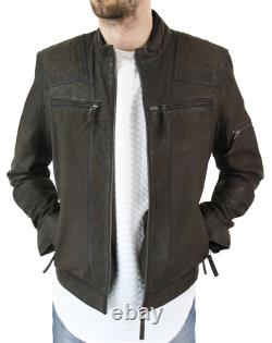 Veste en cuir courte zippée marron vieilli vintage pour motard homme