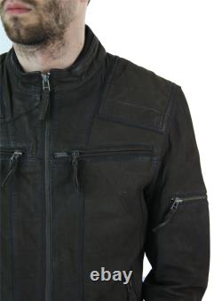 Veste en cuir courte zippée marron vieilli vintage pour motard homme