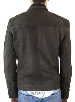 Veste en cuir courte zippée marron vieilli vintage pour motard homme