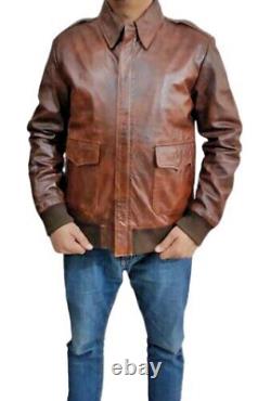 Veste en cuir de bombardier pour homme, style motard, en peau de mouton véritable, couleur marron vieilli