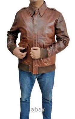 Veste en cuir de bombardier pour homme, style motard, en peau de mouton véritable, couleur marron vieilli