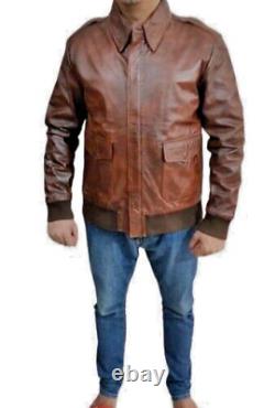 Veste en cuir de bombardier pour homme, style motard, en peau de mouton véritable, couleur marron vieilli