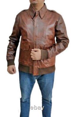 Veste en cuir de bombardier pour homme, style motard, en peau de mouton véritable, couleur marron vieilli