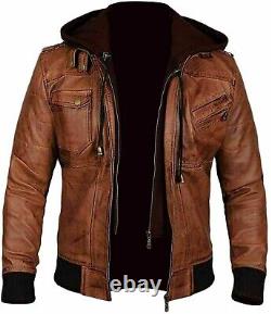 Veste en cuir de motard classique marron vieilli à capuche bombardier pour homme