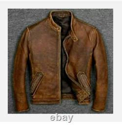 Veste en cuir de motard vintage brun pour homme style café racer usé