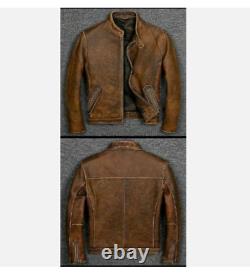 Veste en cuir de motard vintage brun pour homme style café racer usé