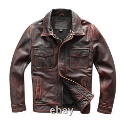 Veste en cuir de motard vintage marron pour homme, style slim fit et effet usé.
