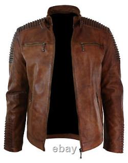 Veste en cuir de motard vintage pour homme en détresse brun café racer