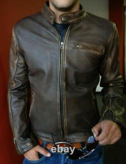 Veste en cuir de motard vintage pour homme, style Café Racer, marron vieilli