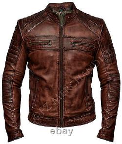 Veste en cuir de motard vintage pour homme, style café racer marron vieilli