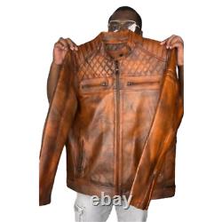 Veste en cuir de moto pour homme en détresse, marron et avec fermeture à glissière