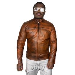 Veste en cuir de moto pour homme en détresse, marron et avec fermeture à glissière