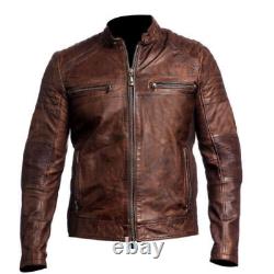 Veste en cuir de moto vintage en cuir brun vieilli pour homme