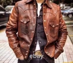 Veste en cuir de moto vintage marron délavé avec boutons en peau de mouton véritable pour homme
