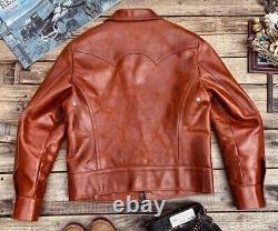 Veste en cuir de moto vintage marron délavé avec boutons en peau de mouton véritable pour homme