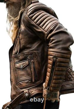 Veste en cuir de moto vintage pour homme, moulante et authentique, de couleur marron vieilli