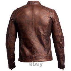 Veste en cuir de moto vintage pour homme, style Café Racer, couleur marron vieilli et usé.