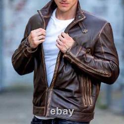 Veste en cuir de moto vintage vintage pour homme de style biker brun vieilli