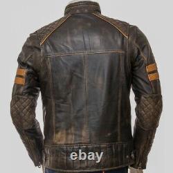 Veste en cuir de mouton pour moto coupe-vent vintage véritable pour hommes, manteau de motard d'extérieur.