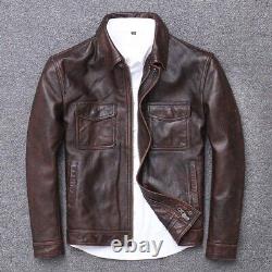 Veste en cuir de mouton véritable vintage marron foncé usé de style motard