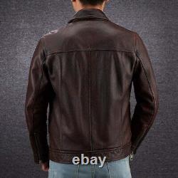 Veste en cuir de mouton véritable vintage marron foncé usé de style motard