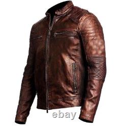 Veste en cuir de style Café Racer, vintage et usée, de couleur marron foncé, pour motards hommes