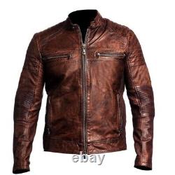 Veste en cuir de style Café Racer, vintage et usée, de couleur marron foncé, pour motards hommes